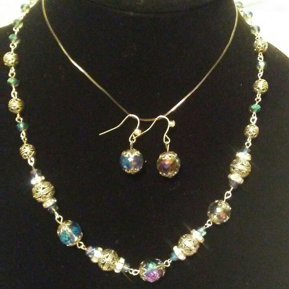 Handmade rainbow crystal necklace and earings